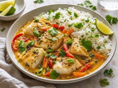Caribbean Coconut Curry Fish with Rice