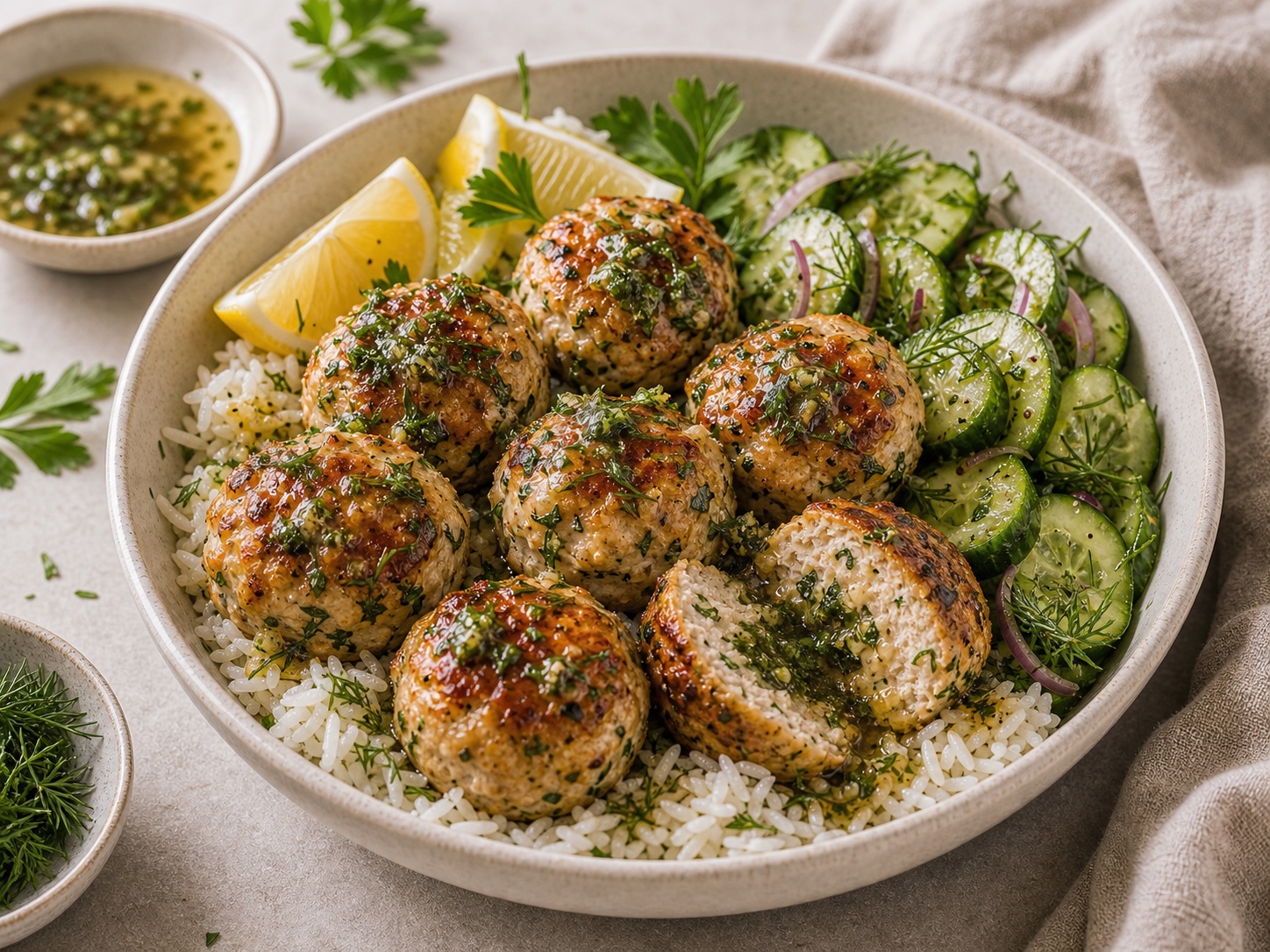Chicken Kyiv Meatball Rice Bowls