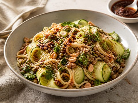 Chili Crisp Lentil Cucumber Noodle Salad