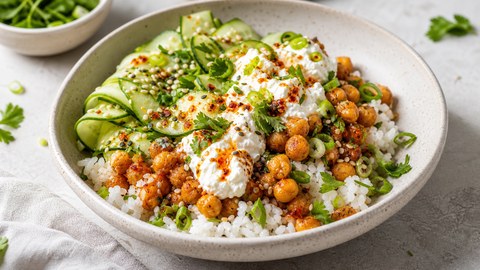 Crispy Chickpea Cottage Cheese Rice Bowls