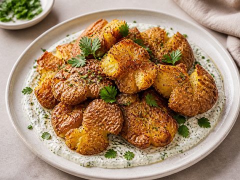 Crispy Smashed Potatoes with Herb Yogurt