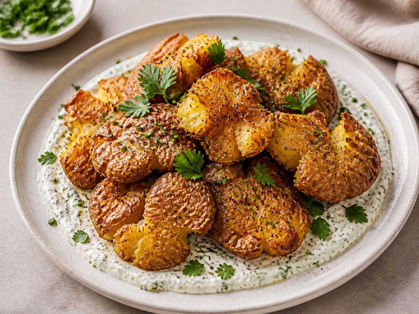 Crispy Smashed Potatoes with Herb Yogurt