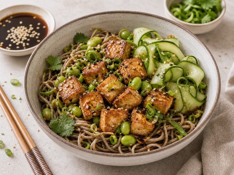 Crispy Tofu Edamame Soba Bowls