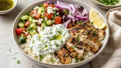 Greek Chicken Cottage Cheese Tzatziki Bowls