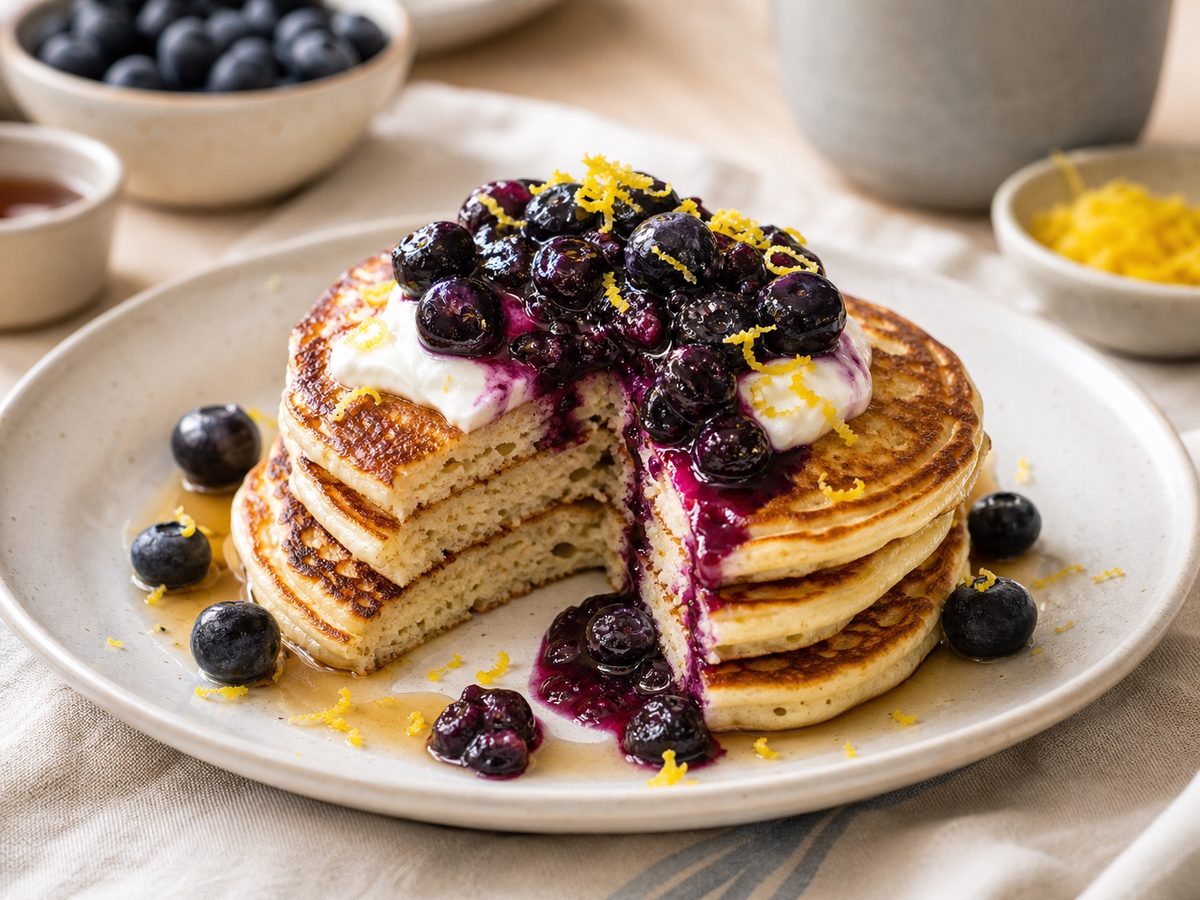 Greek Yogurt Pancakes with Blueberry Compote
