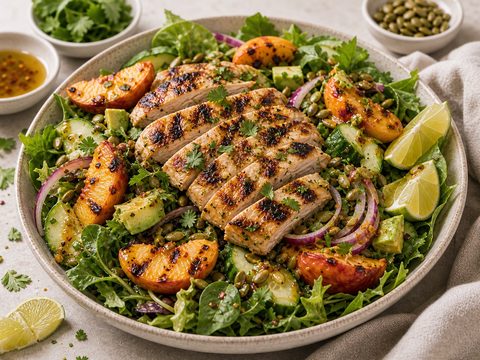 Grilled Peach Chili Lime Chicken Salad