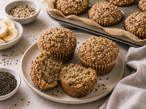 Hojicha Banana Oat Muffins with Sesame Crumble