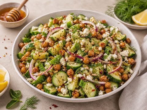 Hot Honey Chickpea Cucumber Crunch Salad