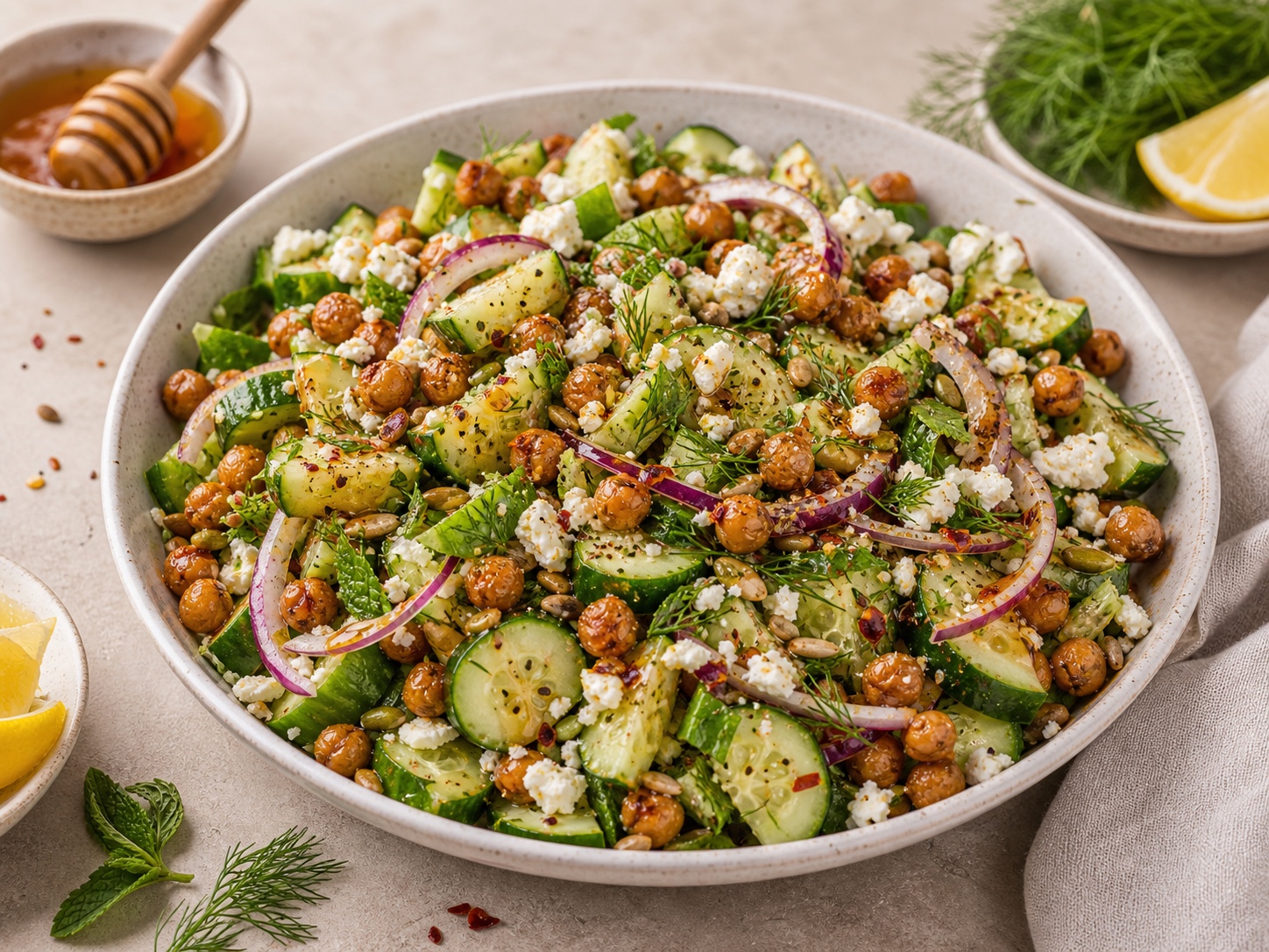 Hot Honey Chickpea Cucumber Crunch Salad