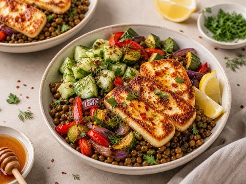 Hot Honey Lentil Halloumi Bowls