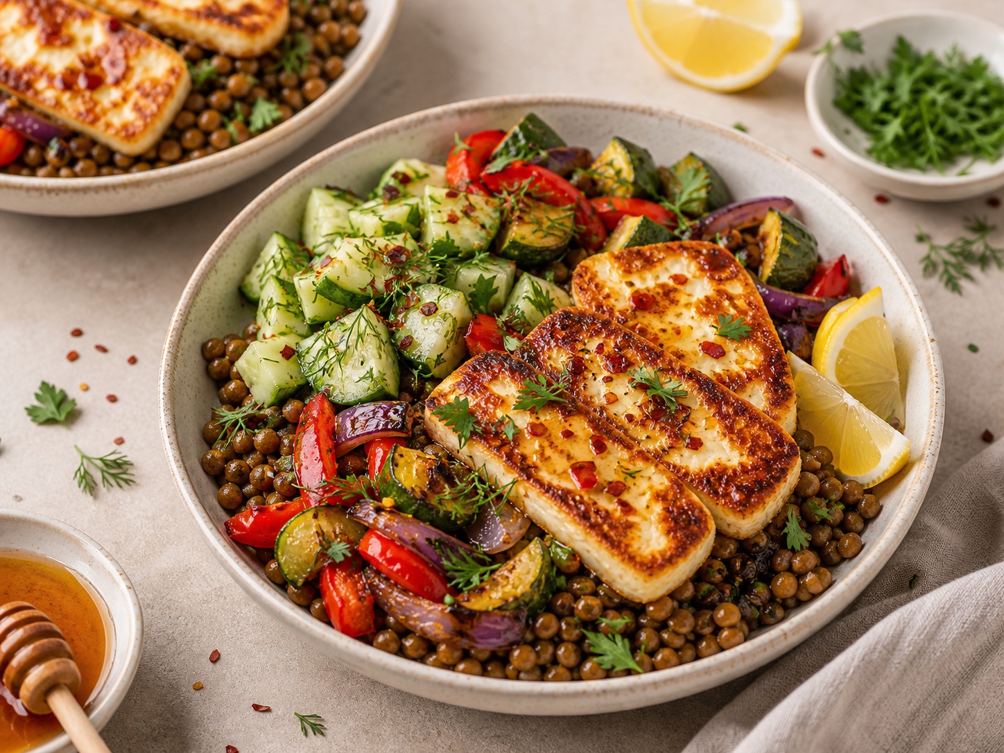 Hot Honey Lentil Halloumi Bowls