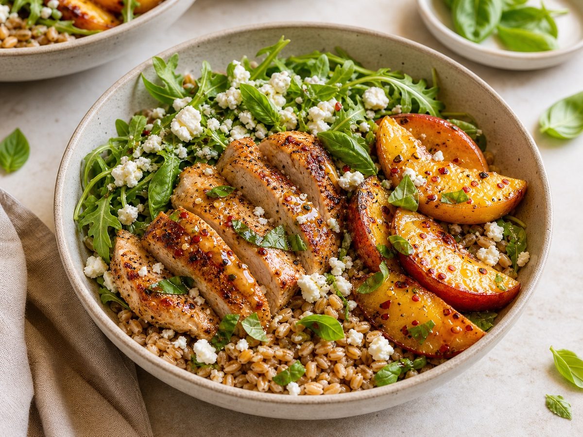 Hot Honey Peach Chicken Grain Bowls