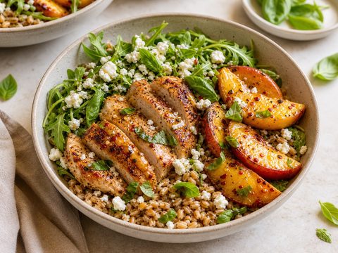 Hot Honey Peach Chicken Grain Bowls