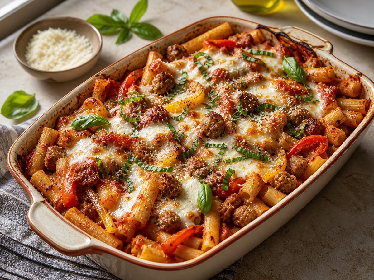 Italian-American Sausage Pepper Baked Ziti