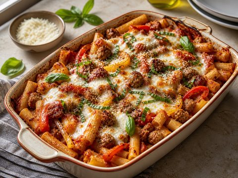 Italian-American Sausage Pepper Baked Ziti