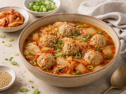 Kimchi Cabbage Turkey Meatball Soup