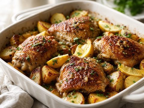 Lemon Garlic Chicken Thighs with Crispy Potatoes