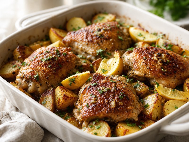 Lemon Garlic Chicken Thighs with Crispy Potatoes