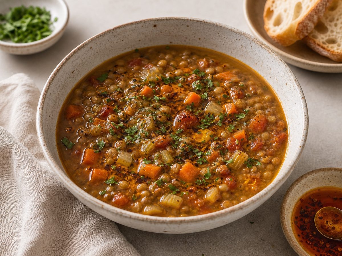 Lentil Vegetable Soup with Cumin Oil