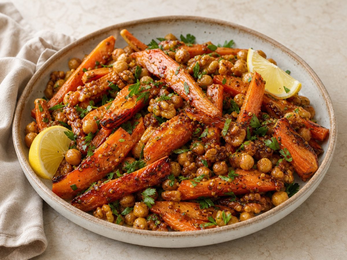 Maple Dijon Roasted Carrots with Chickpeas