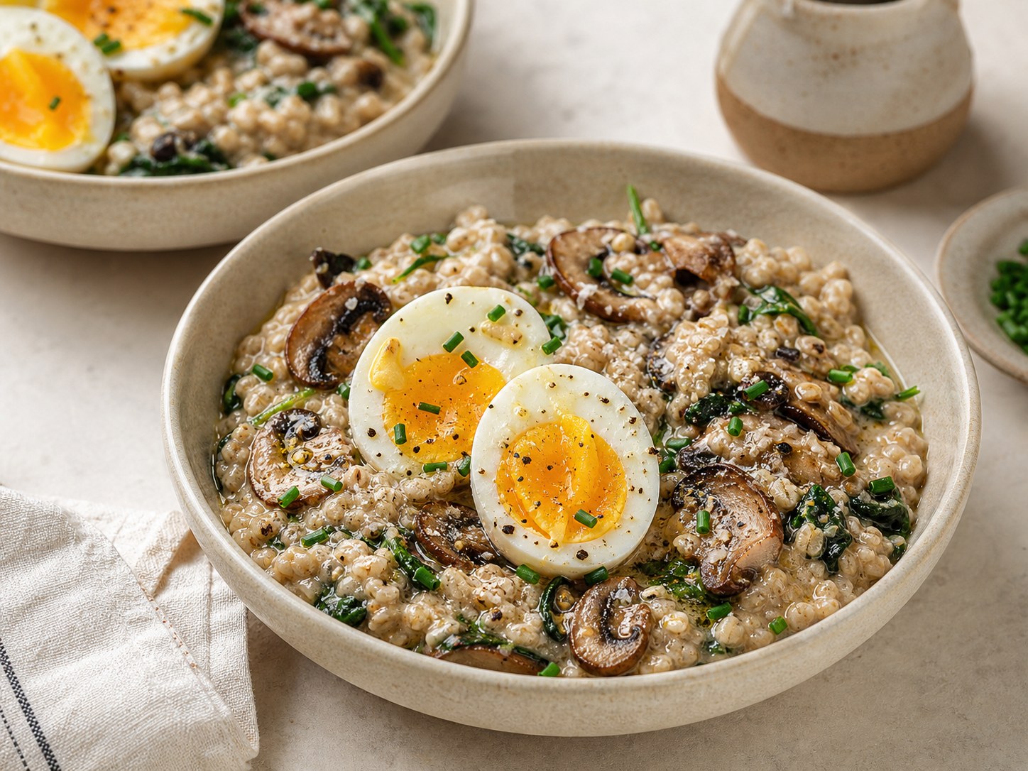 Mushroom Miso Oat Risotto with Jammy Eggs