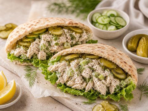 Pickle Brine Chicken Salad Pitas
