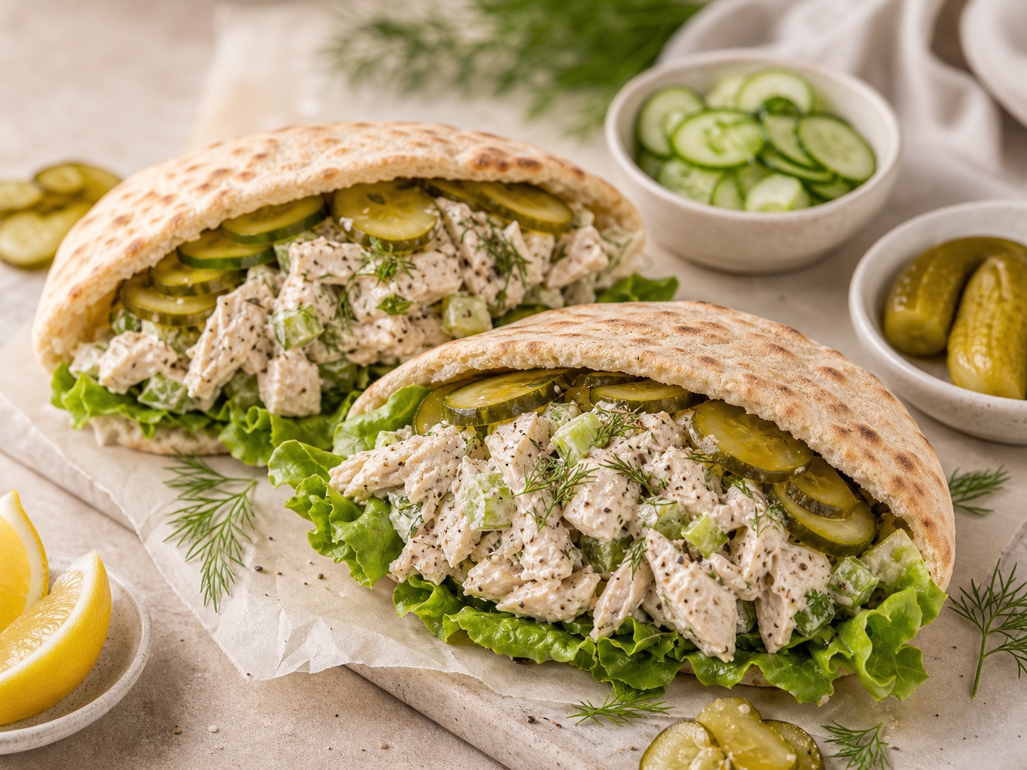 Pickle Brine Chicken Salad Pitas