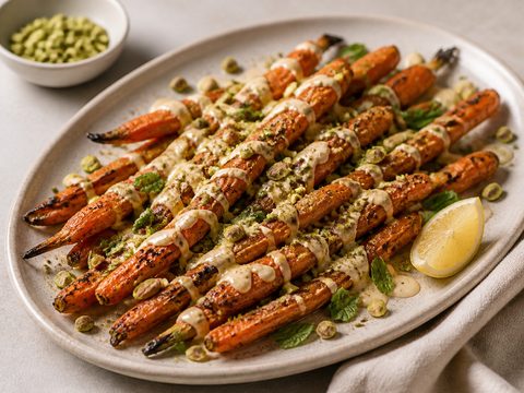 Roasted Carrots with Tahini and Pistachio