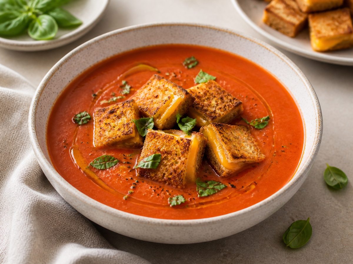 Roasted Tomato Basil Soup with Grilled Cheese Croutons