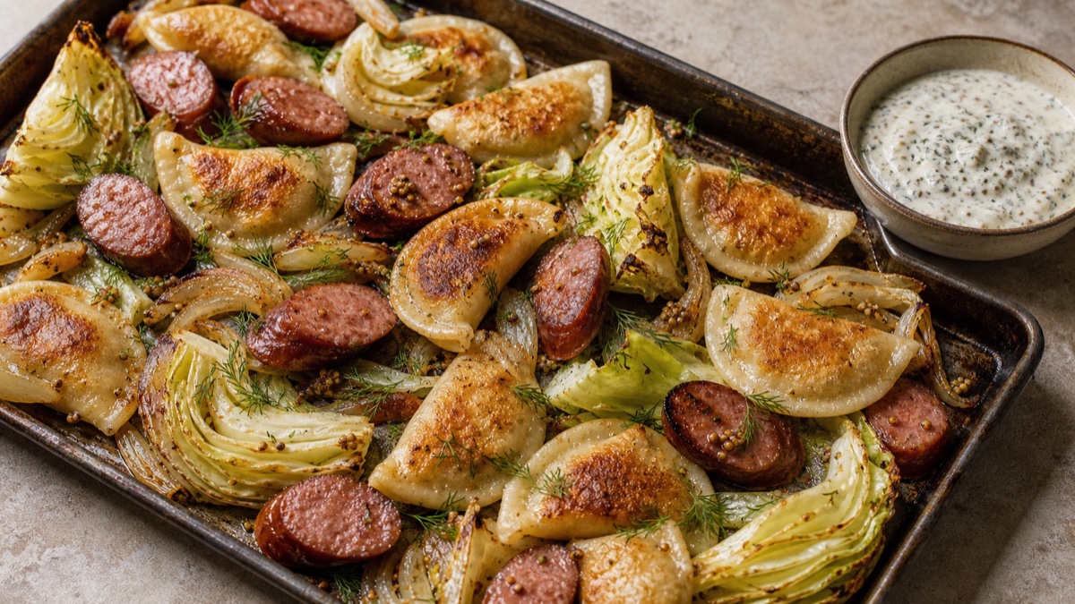 Sheet-Pan Kielbasa, Pierogi, and Cabbage