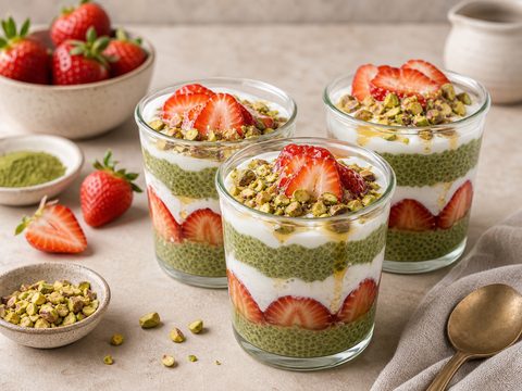 Strawberry Pistachio Matcha Chia Parfaits