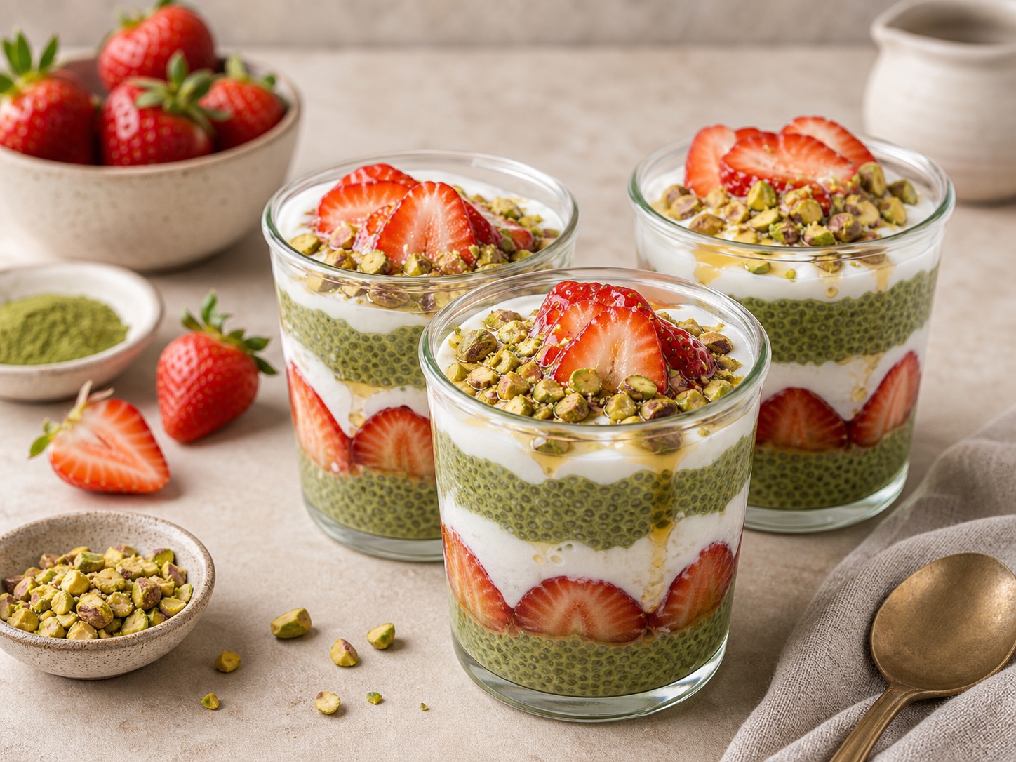 Strawberry Pistachio Matcha Chia Parfaits