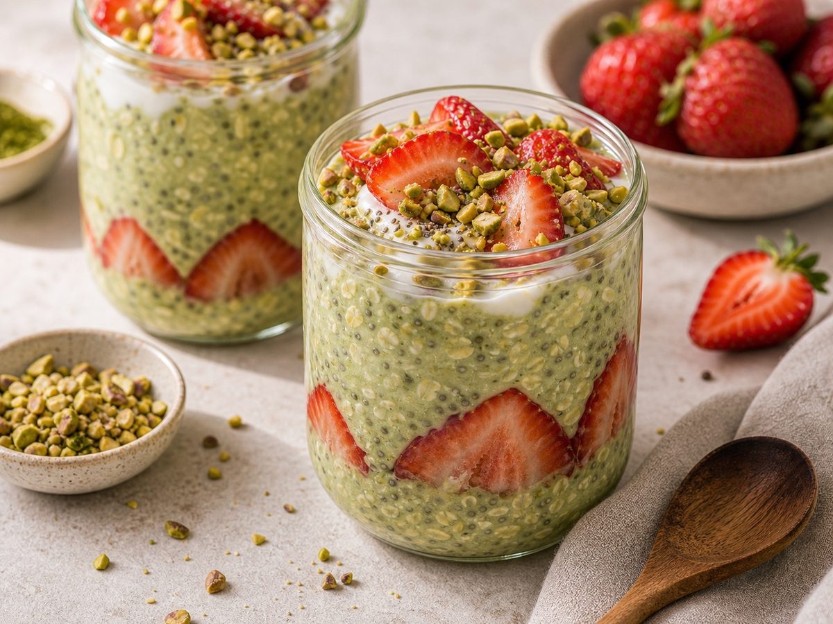 Strawberry Pistachio Matcha Overnight Oats