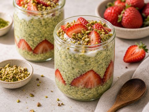Strawberry Pistachio Matcha Overnight Oats