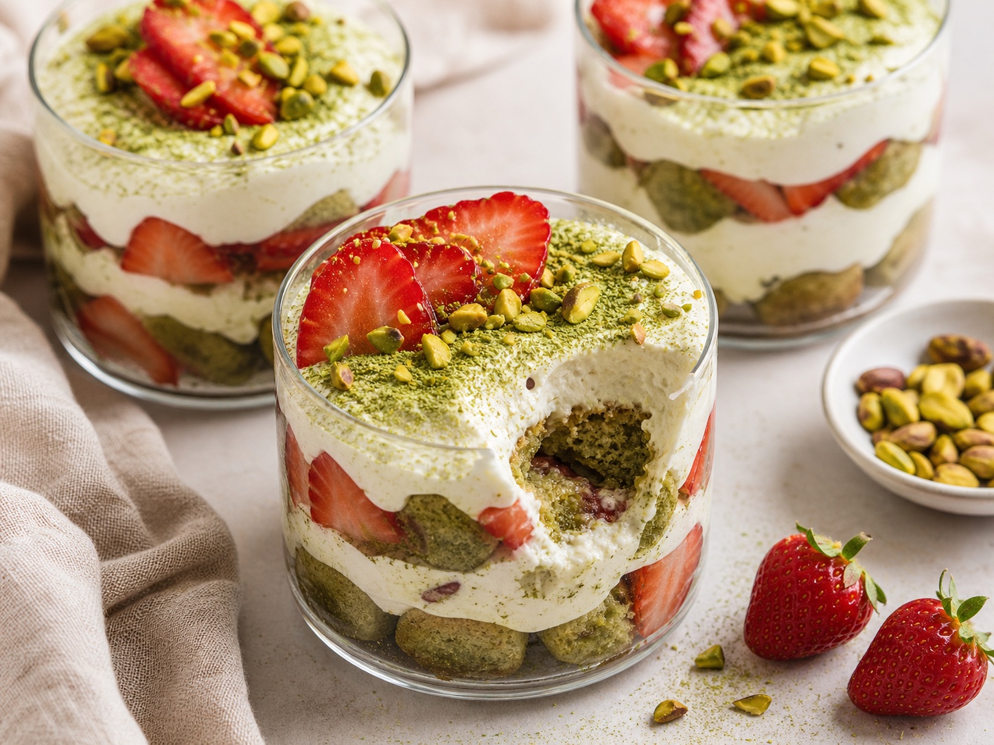 Strawberry Pistachio Matcha Tiramisu Cups