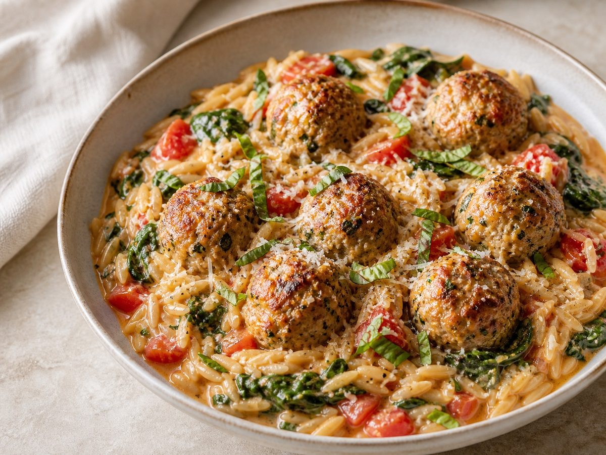 Weeknight Tuscan Chicken Meatballs with Orzo
