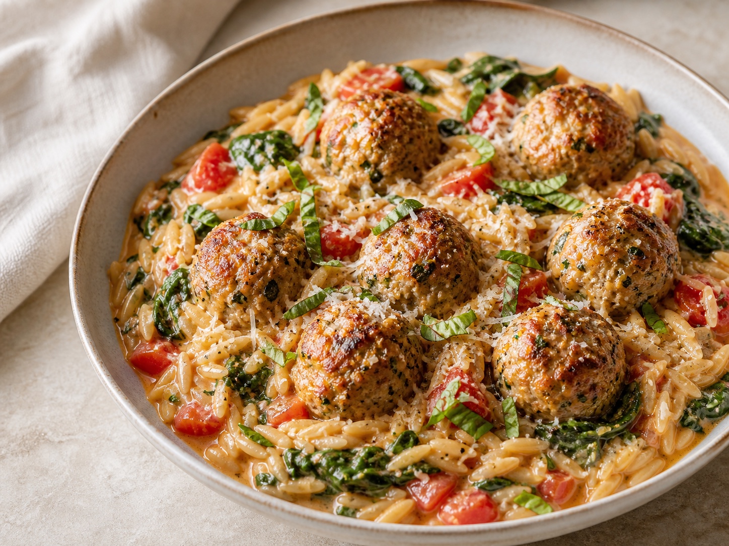Weeknight Tuscan Chicken Meatballs with Orzo