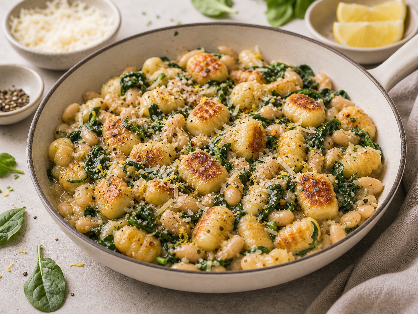 White Bean Spinach Gnocchi Skillet