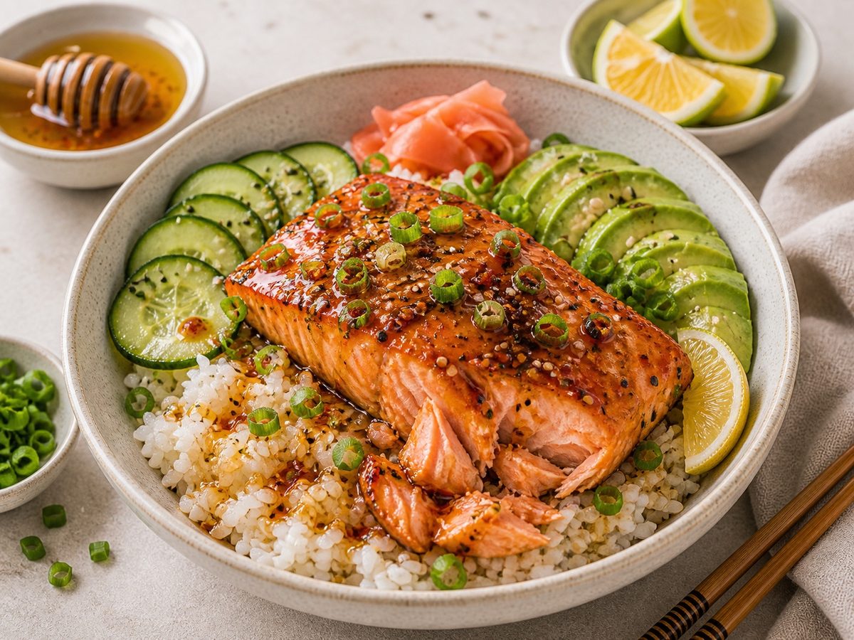Yuzu Hot Honey Salmon Rice Bowls