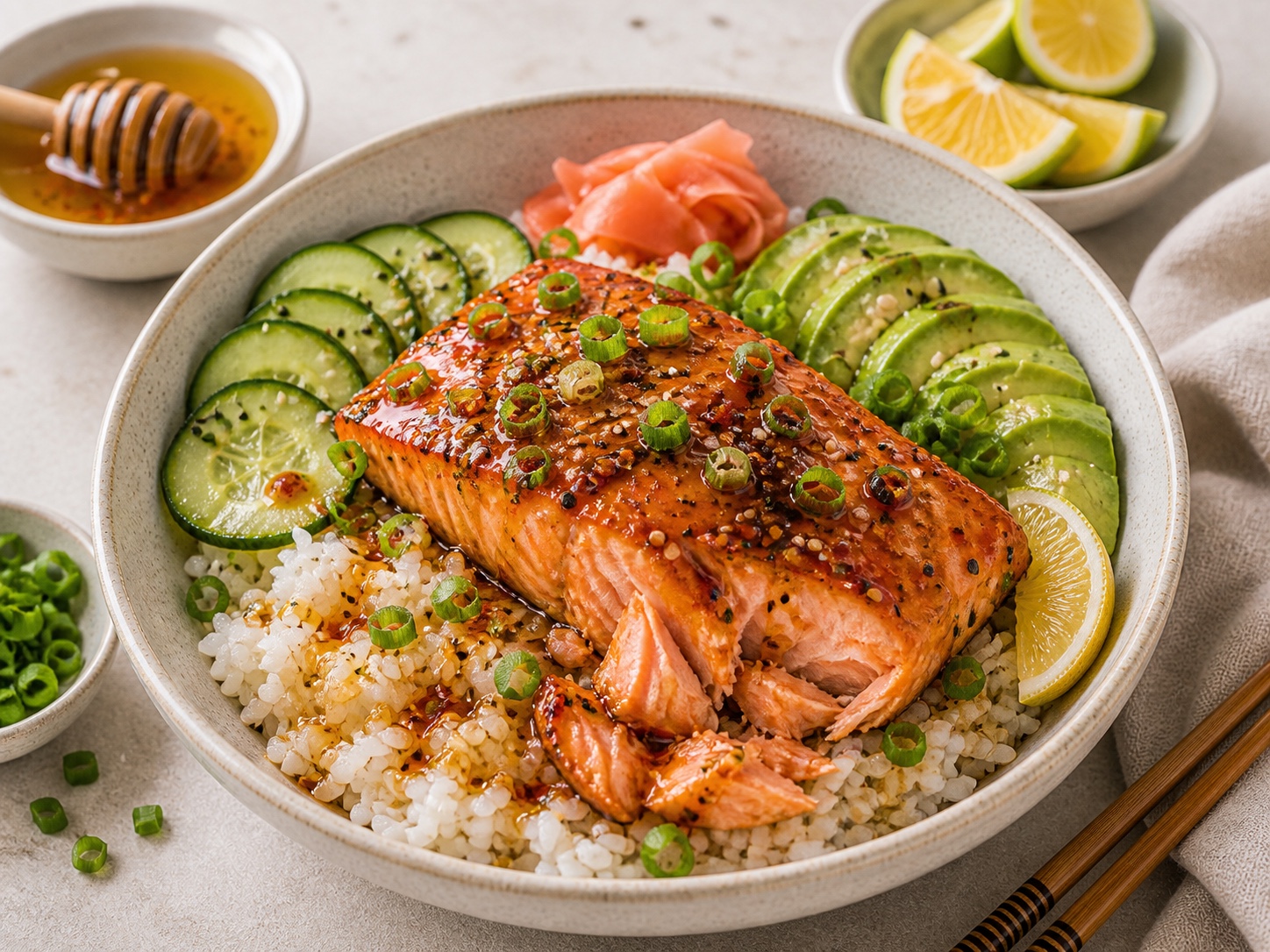 Yuzu Hot Honey Salmon Rice Bowls
