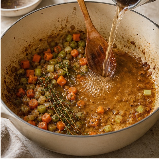Searing builds flavor, then simmer builds tenderness.