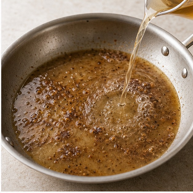 A controlled amount of liquid preserves fond and depth.