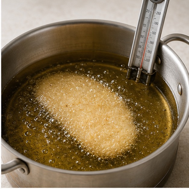 Resting coated pieces reduces irregular oil absorption.