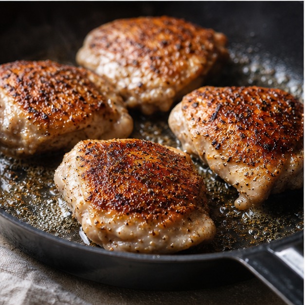 Dry surfaces seize and brown more quickly in hot cookware.